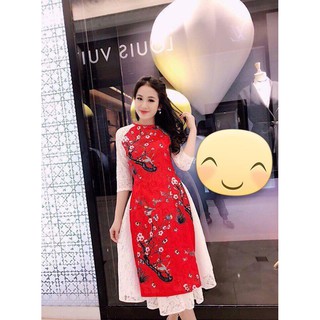 Set Áo dài gấm hoa đào cho mẹ và bé
