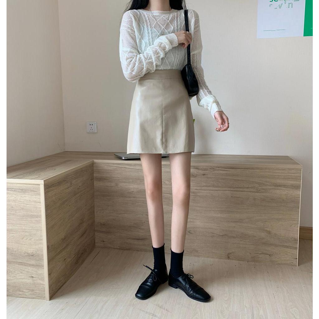 IELGY   Chân Váy Chữ A Lưng Cao Bằng Da Pu Thời Trang Mùa Thu Hàn Quốc Dễ Phối Đồ Cho Nữ