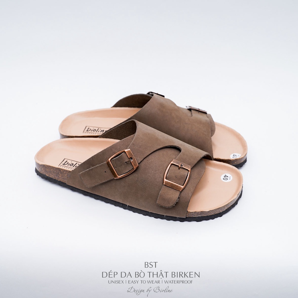 DK19-LÓT CHỐNG NƯỚC- Dép đế trấu Birken da bò thật nam nữ unisex quai ngang Bioline D19