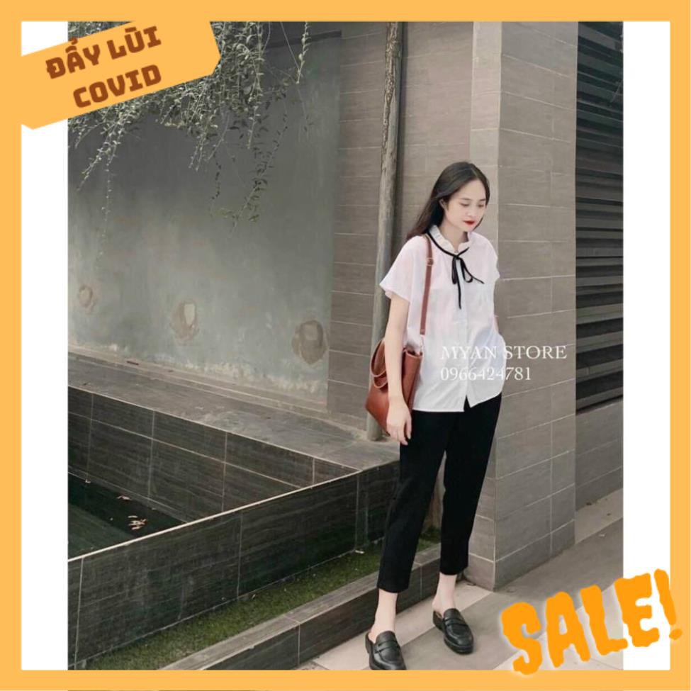 [ƯU TIÊN SỈ] ÁO SƠ MI NỮ CỘC TAY VẢI THÔ CỔ BÈO CÓ DAY NƠ BUỘC | BigBuy360 - bigbuy360.vn
