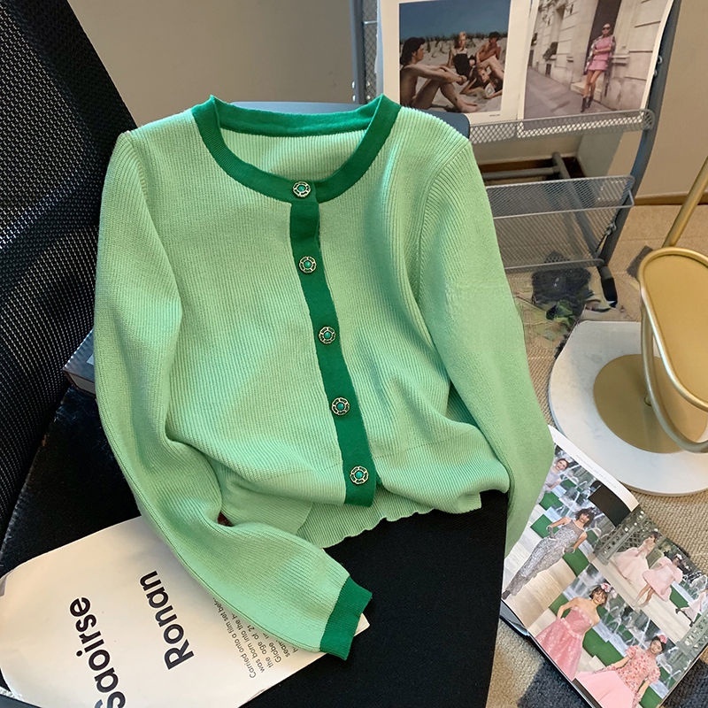 Xiaoxiangfeng Áo Khoác cardigan Dệt Kim Dáng Ngắn Cổ Tròn Màu Xanh Lá Thời Trang Mùa Thu Nhẹ Nhàng Thanh