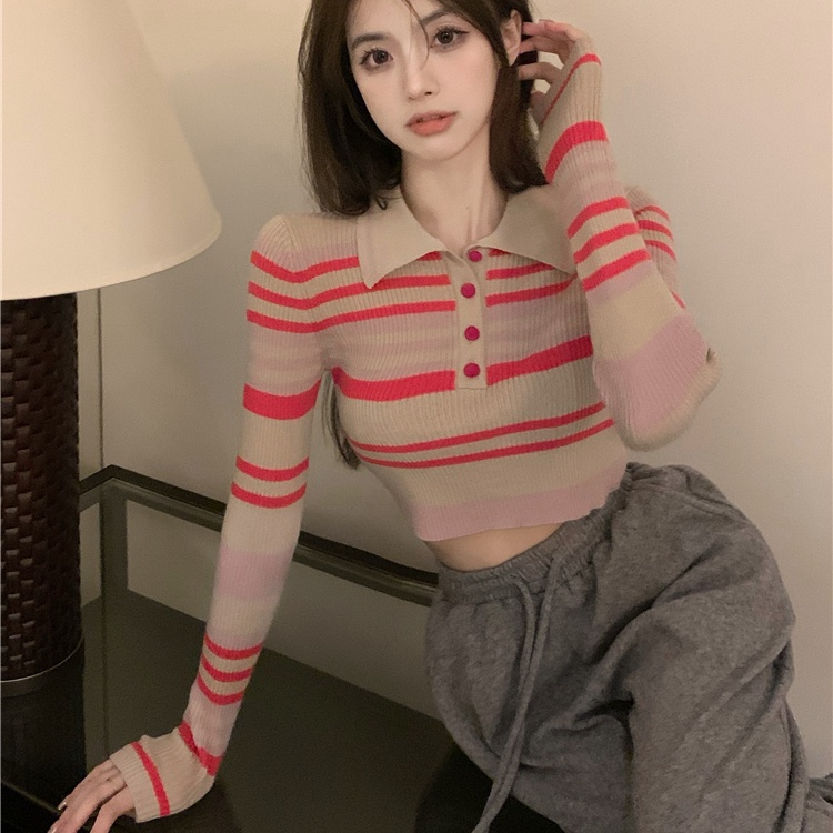 SUXI Áo Croptop Tay Dài Hoạ Tiết Kẻ Sọc Cho Nữ