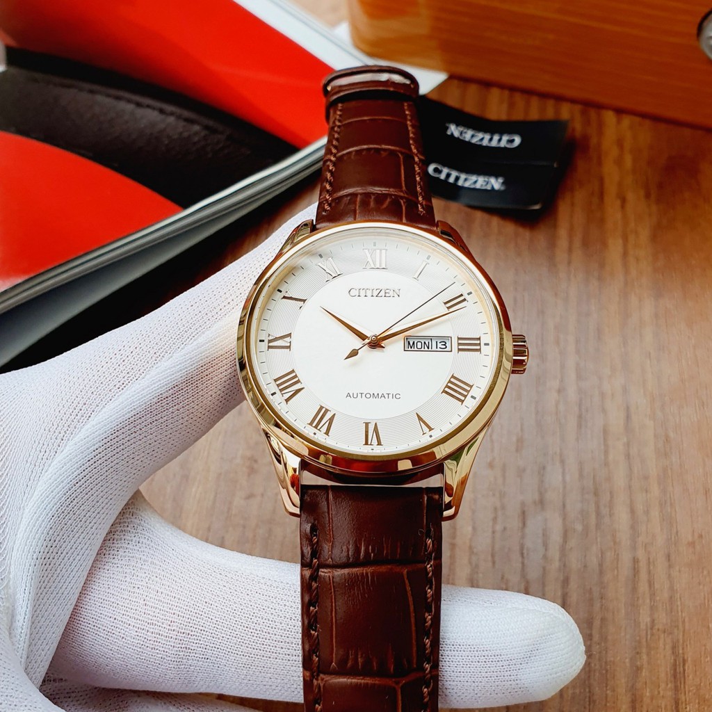 Đồng hồ Nam Citizen Automatic NH8363-14A Mặt trắng,Viền vàng,Lịch ngày-Máy cơ tự động-Dây da cao cấp-Size 41mm