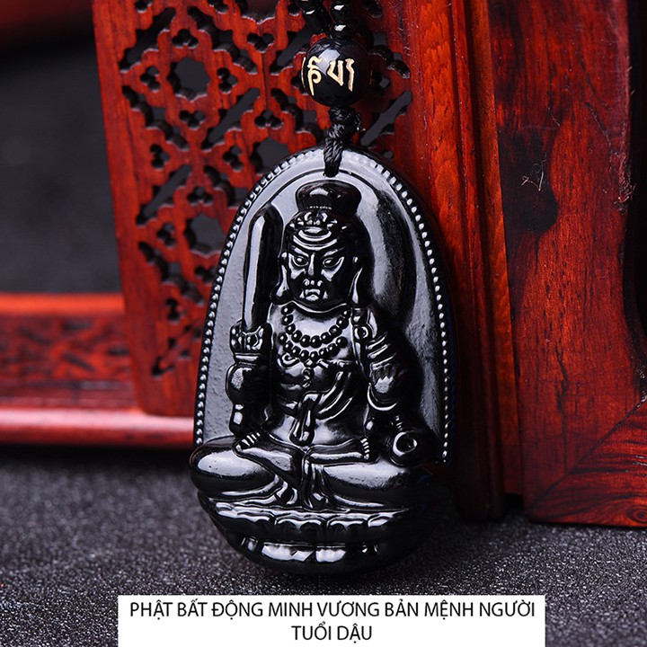 Vòng cổ dây chuyền mặt phật bản mệnh 12 vị phật cho 12 tuổi size 4.7cm x 3cm đá Obsidian - Mang lại bình an may mắn