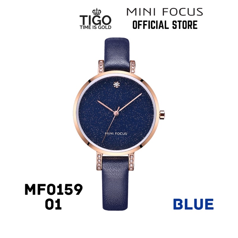 Đồng hồ nữ MINI FOCUS MF0159L.01 dây da thật màu xanh viền thép không gỉ màu vàng 3 kim hàng chính hãng cao cấp Nhật Bản
