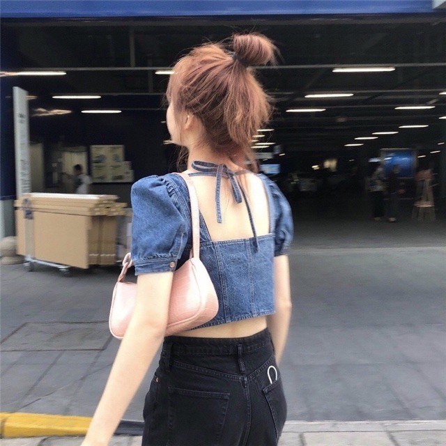 JH Áo croptop denim jean phối nơ chocker liền áo mẫu mới