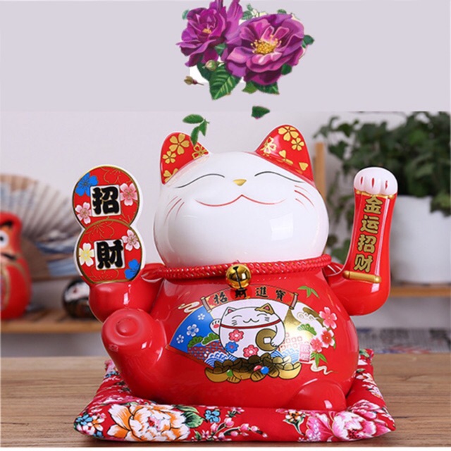 Mèo Thần Tài Sứ , Mèo May Mắn Maneki Neko cao 23cm . Vẩy Tay Gọi Khách Tấn Tài Tấn Lộc.