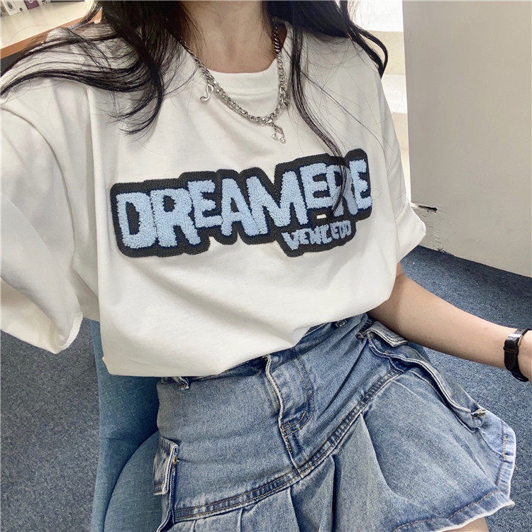 Áo Thun Cổ Tròn Dáng Rộng Thêu Chữ Cá Tính Phong Cách Hàn Quốc