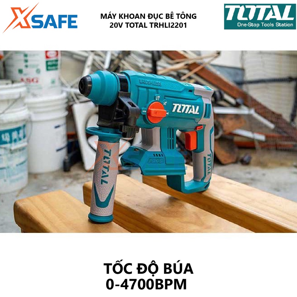 Máy khoan đục dùng pin 20V TOTAL TRHLI2201 motor không chổi than, hệ thống đầu gài SDS plus, không kèm pin sạc - xsafe