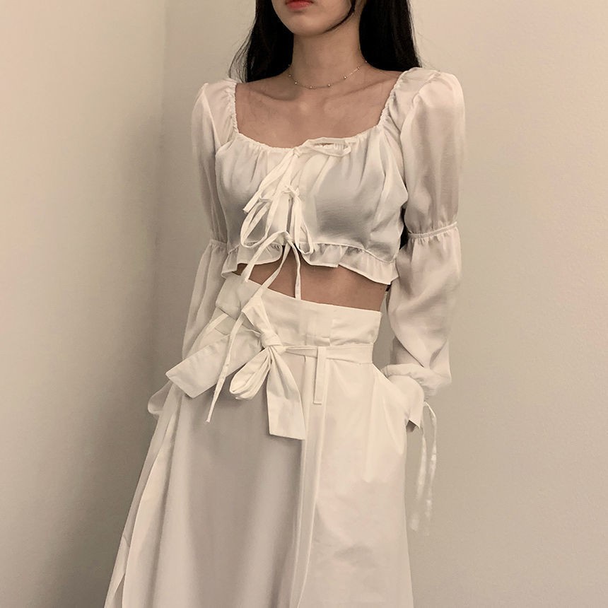 Fashion suit women's spring and Autumn New Korean chic Retro High Waist BM Square Neck Shirt high waist skirt 2 pieces