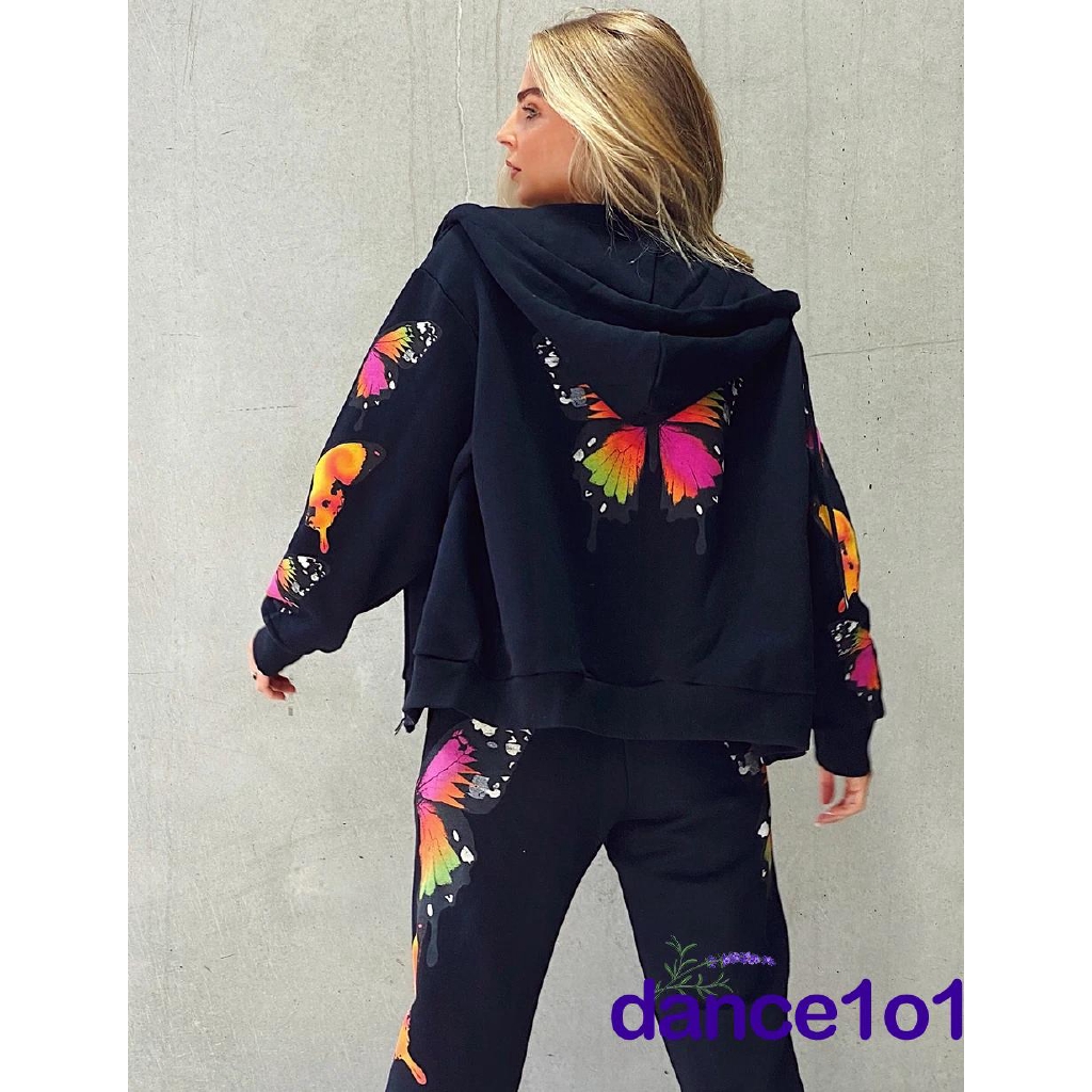 Set Áo Khoác Hoodie Và Quần Dài Thể Thao In Hình Bướm Cho Nữ