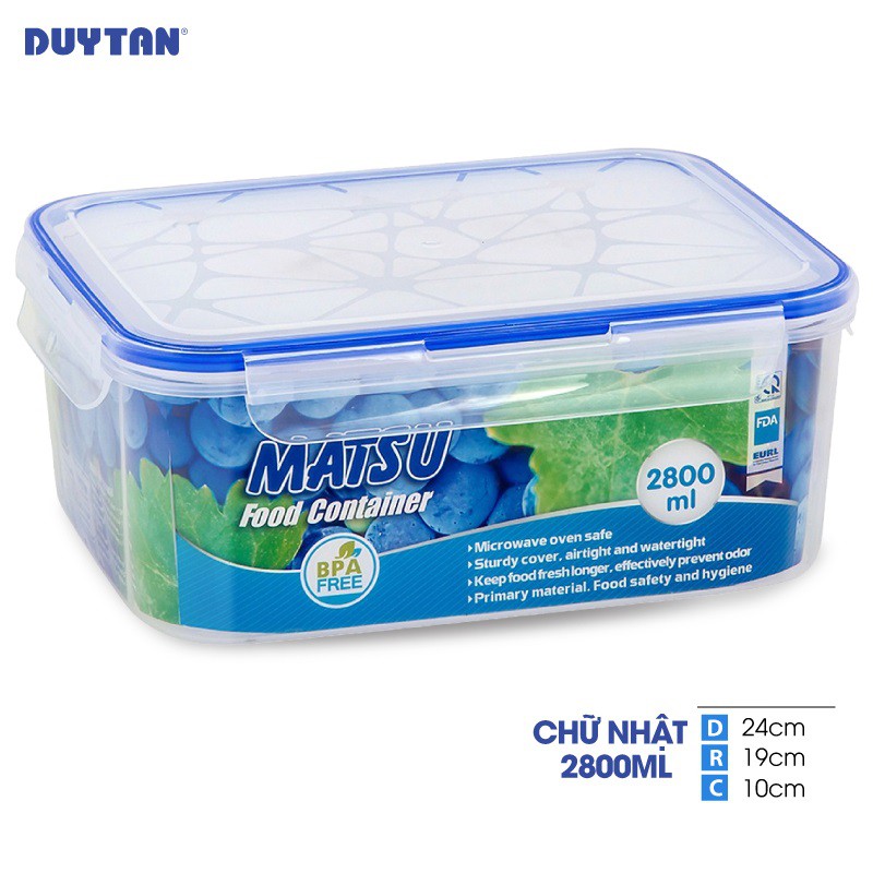 [Mã LIFE2410K giảm 10K đơn 20K] Hộp Nhựa Chữ Nhật Đựng Thực Phẩm Duy Tân Matsu dung tích 2800ml (24 x 19 x 10cm)