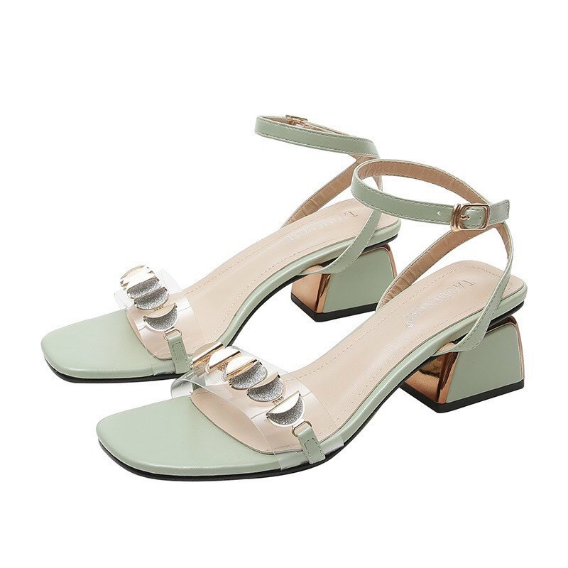 Giày sandal gót vuông 5cm phối quai tròn cực xinh