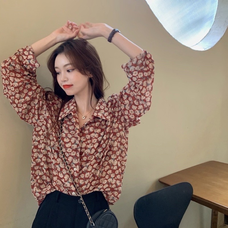 Áo sơ mi blouse voan hoa đỏ
