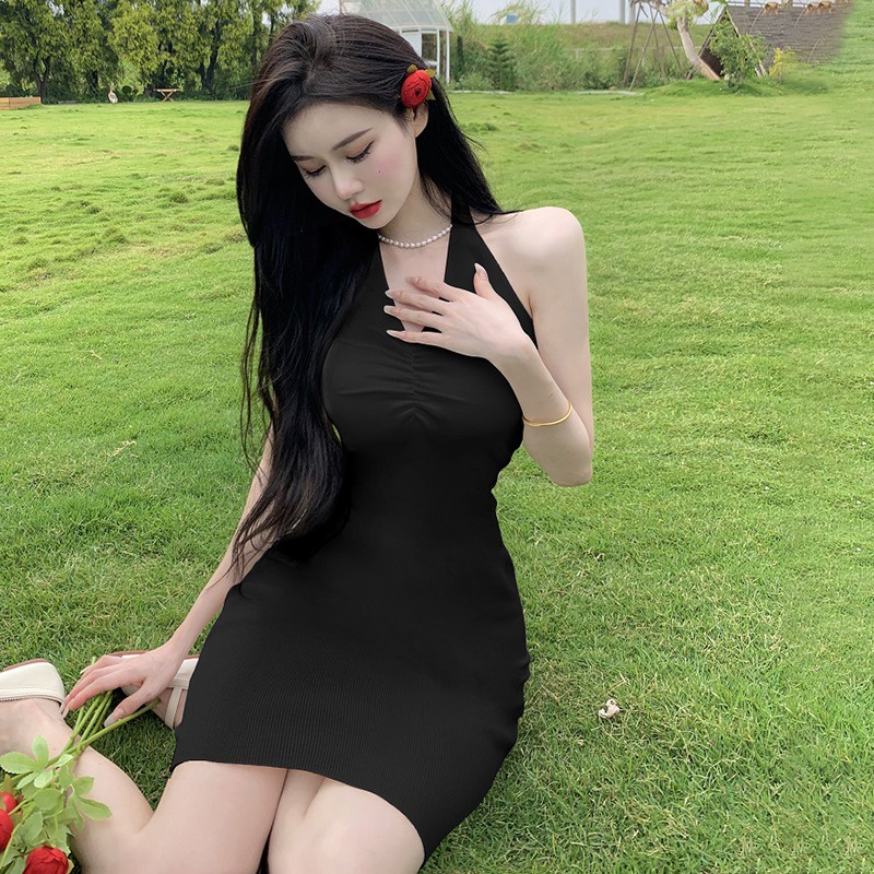 Đầm Dệt Kim Hai Dây Dáng Ôm Màu Sắc Trơn Phong Cách Hàn Quốc