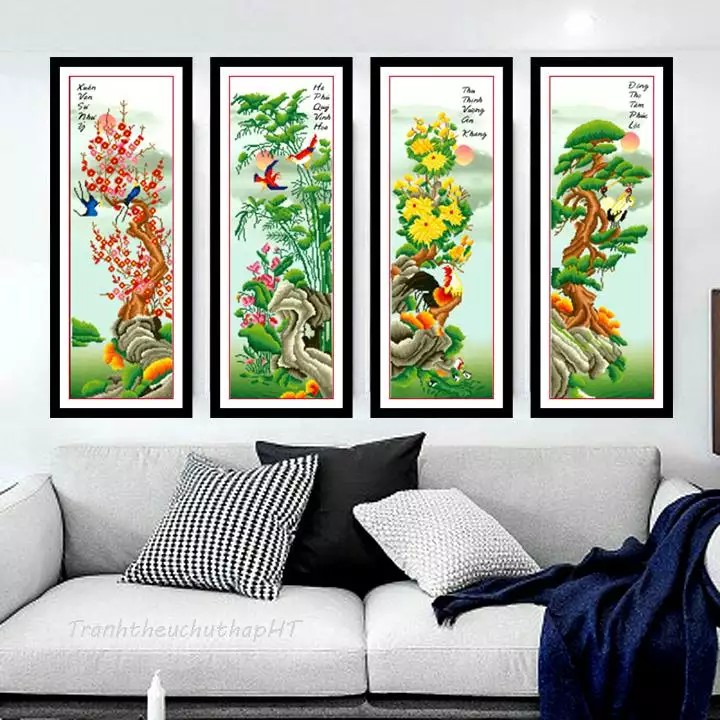 Tranh thêu tứ quý Tùng cúc trúc mai LV3235 (127x78cm) - chưa thêu