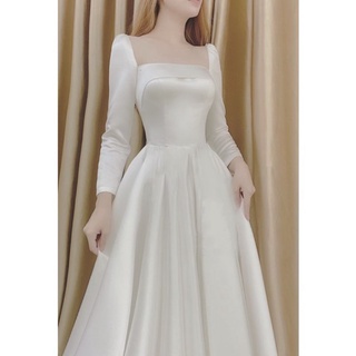  váy cưới trắng đi bàn chụp ảnh xoè dài hàng chuẩn thiết kế tay dài cổ vuông đắp ngực 