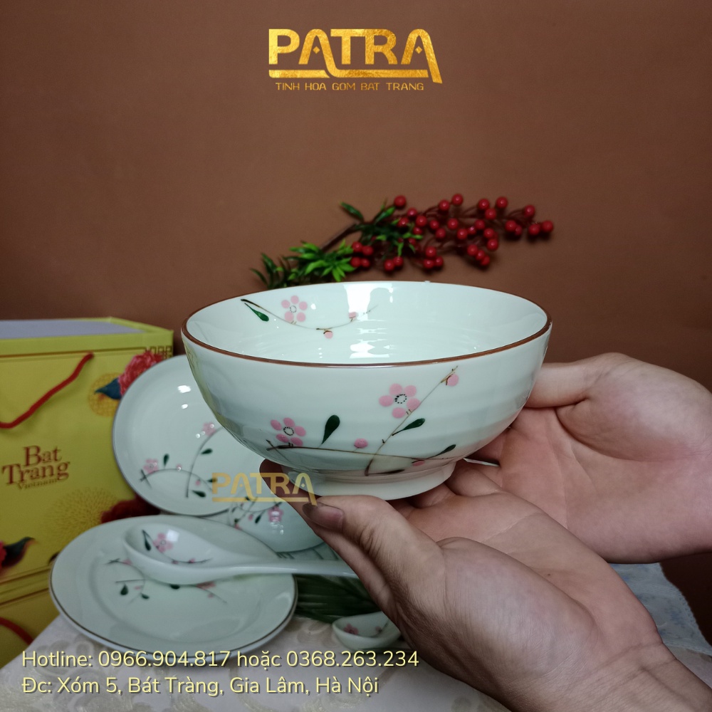 Bộ bát đĩa sứ Bát Tràng, bộ chén dĩa men kem họa tiết hoa đào đỏ 13 chi tiết, có bán các món lẻ