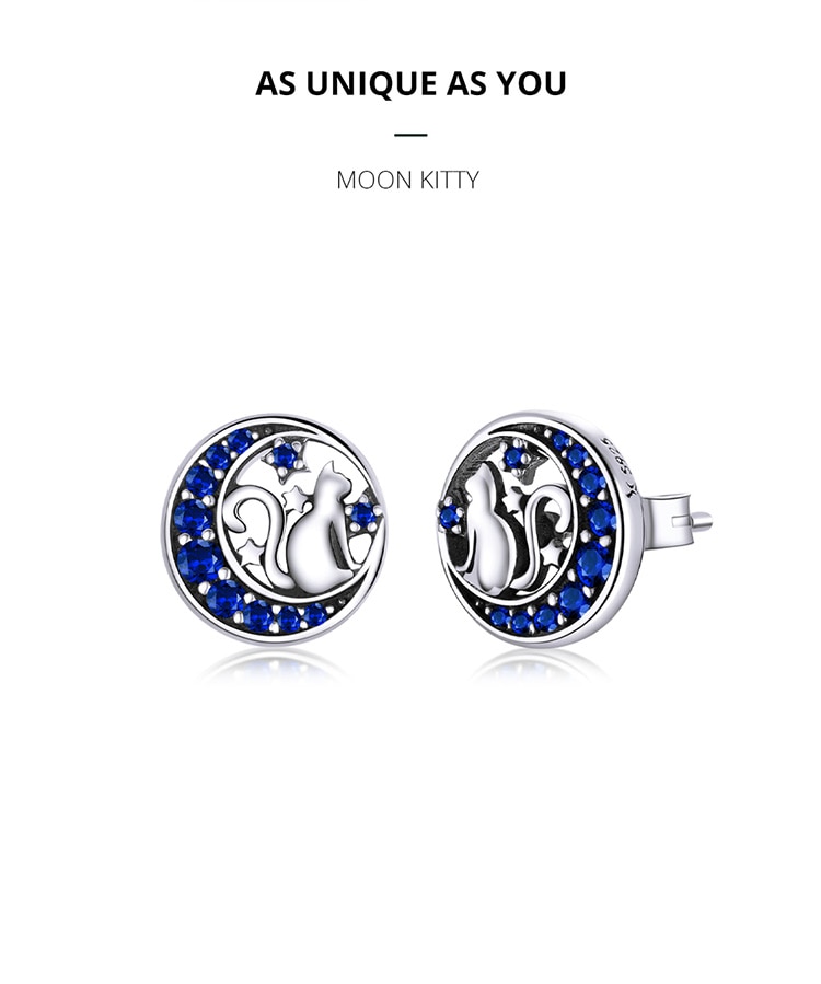 Bông Tai Bamoer Bằng Bạc 925 Hình Mèo Ngồi Trên Mặt Trăng Cho Nữ