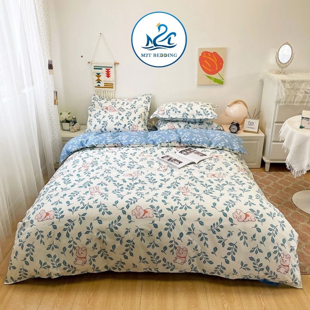 Bộ chăn ga gối Cotton poly M2T bedding gồm vỏ chăn mền, drap ga giường và 2 vỏ gối nằm - Pl Heo ngủ