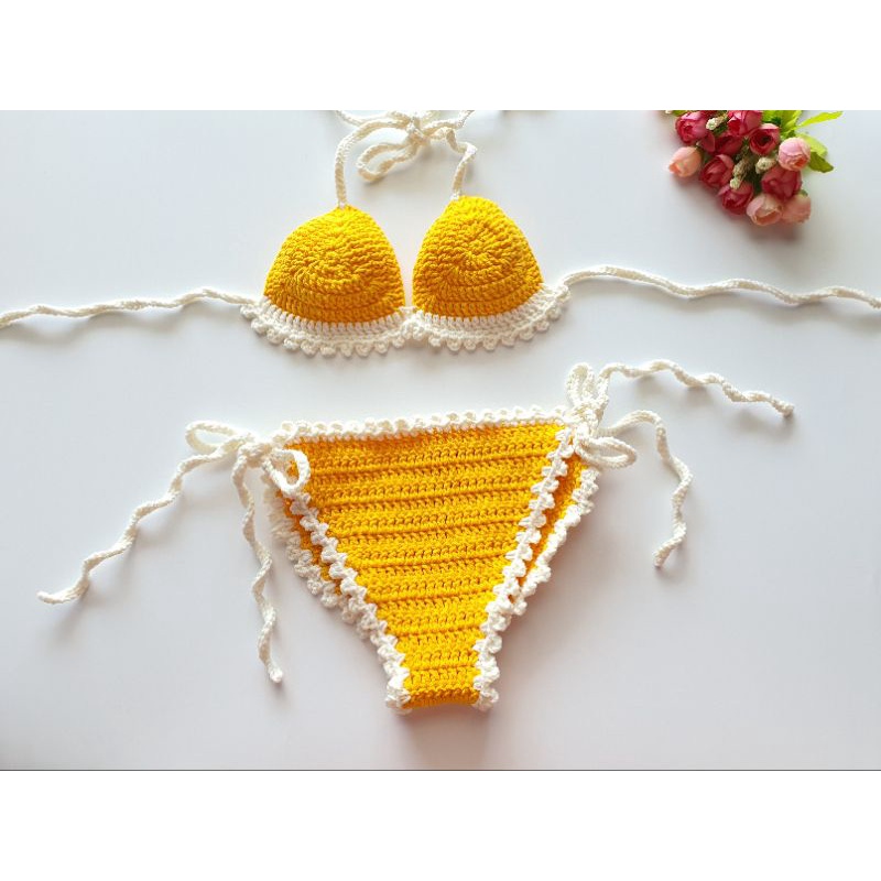 🌞BIKINI TAM GIÁC VIỀN BÈO CHO BÉ 1 - 2 TUỔI - Màu vàng siêu cute. BIKINI LEN CHO BÉ🌞