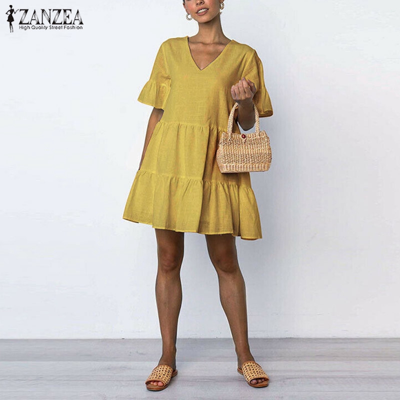 ZANZEA Đầm Nữ Tay Ngắn Cổ V Thời Trang Quyến Rũ