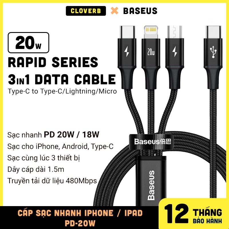Cáp Sạc 3 Đầu Baseus Rapid Series 3-in-1,Sạc Nhanh PD 20W Cổng Type-C to Type C//Micro USB