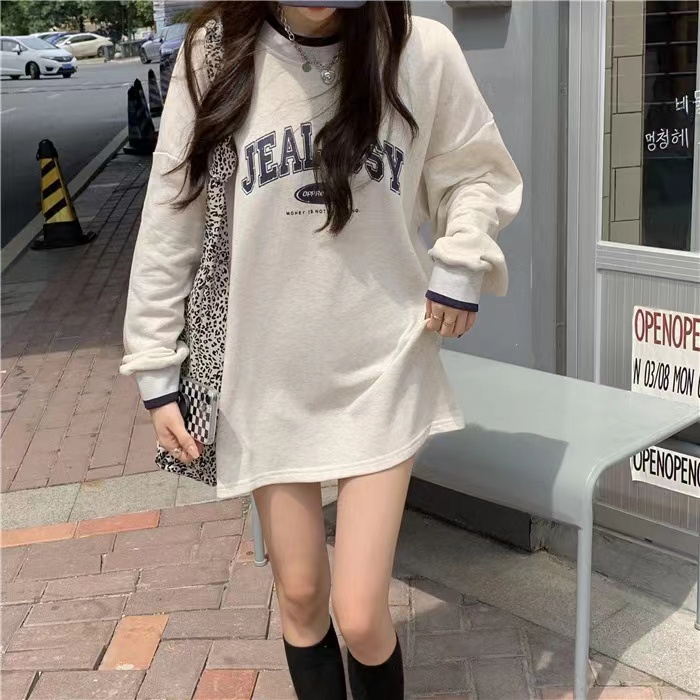 ZHELIHANGFEI Áo Thun Tay Dài Họa Tiết In Theo Phong Cách Retro Mỹ Dễ Phối Đồ