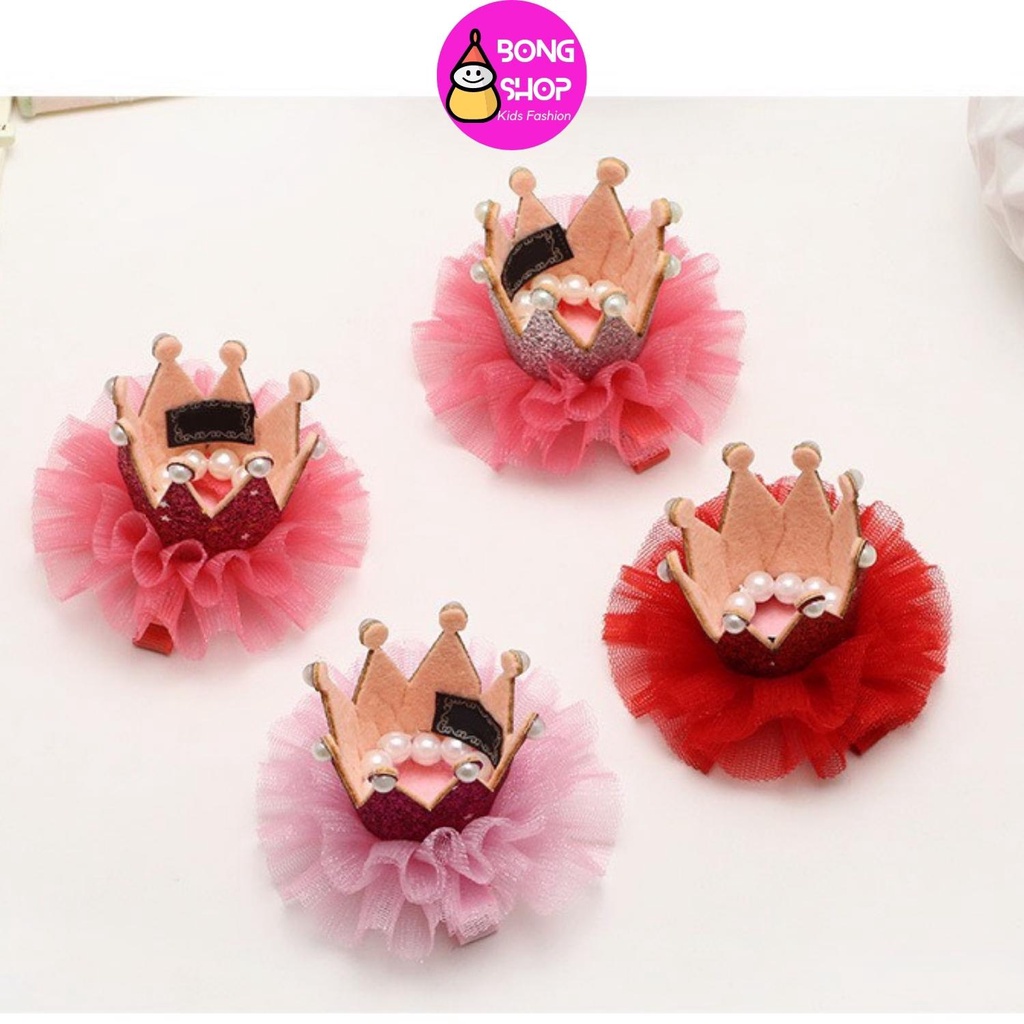 Kẹp tóc bé gái hình vương miện công chúa phủ kim tuyến viền ren, turban, cặp tóc cho bé