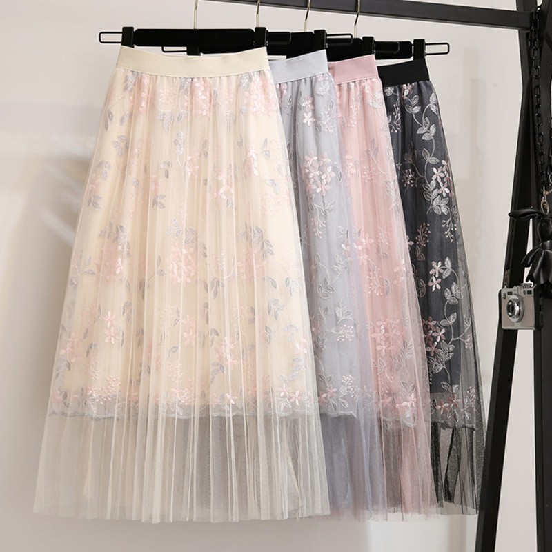 Chân Váy Xếp Ly Thêu Hoa 3 Lớp, Hoa Thêu Tinh Tế VD21