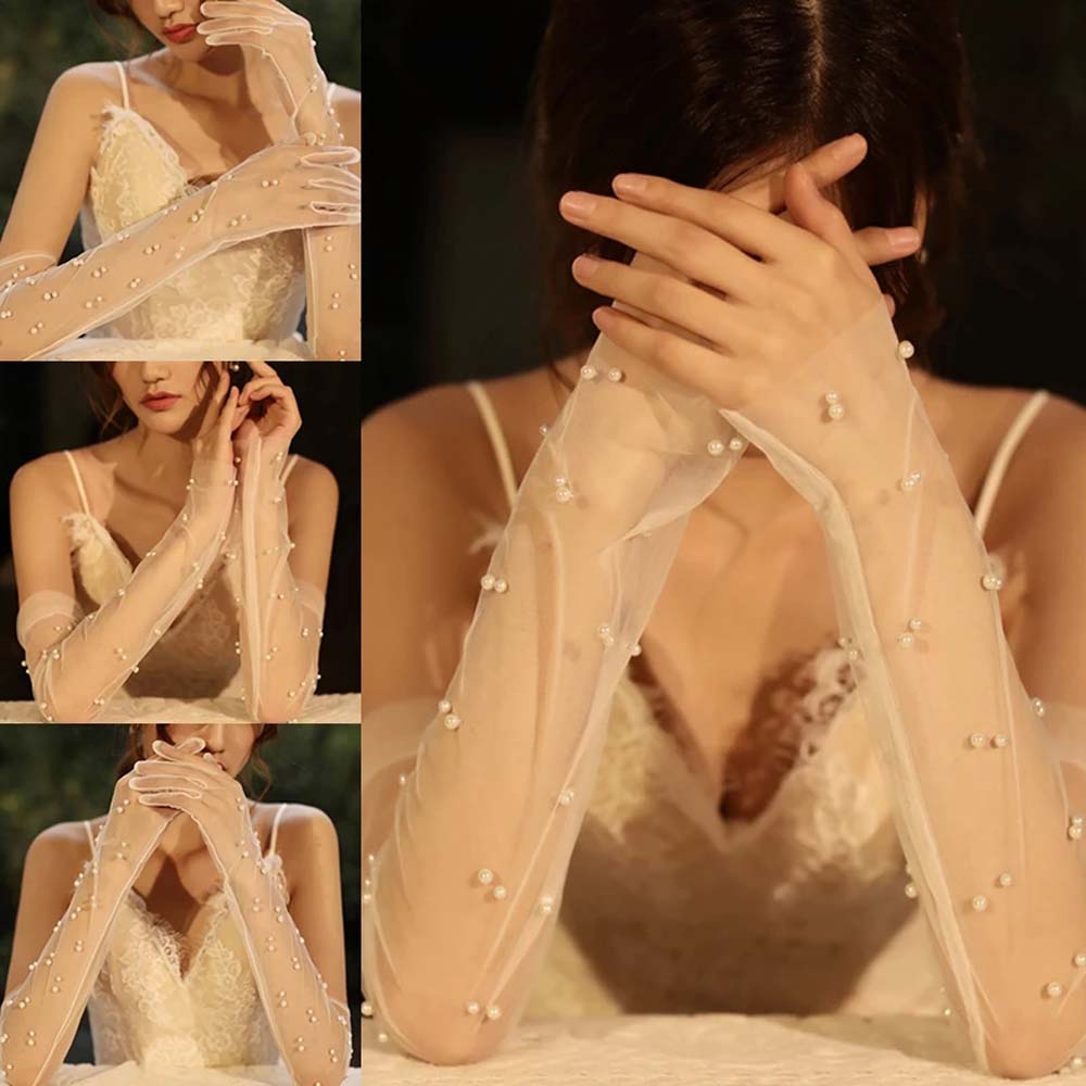 Găng tay hở ngón /che ngón phối ren đính ngọc trai dành cho cô dâu