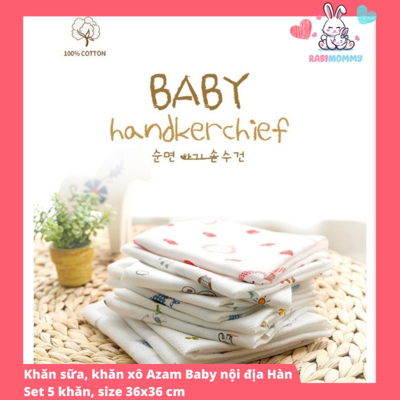 Khăn xô, khăn sữa hiệu Azam Baby/ Hàng nội địa Hàn/ 01 set gồm 05 khăn kích thước 36x36 cm