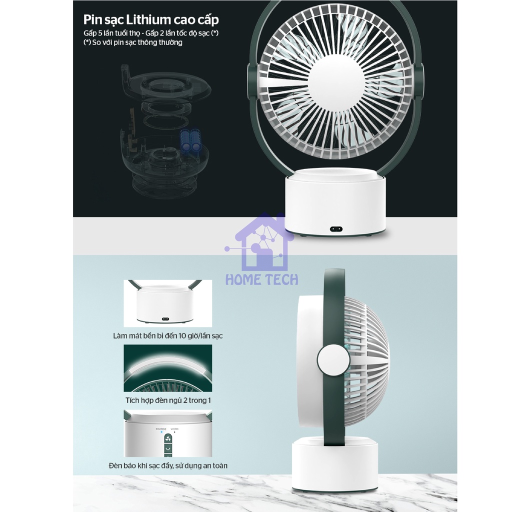 Quạt sạc SUNHOUSE SH7116 25W tích điện siêu mát 3 tốc độ gió, xoay đảo chiều, kiêm đèn ngủ