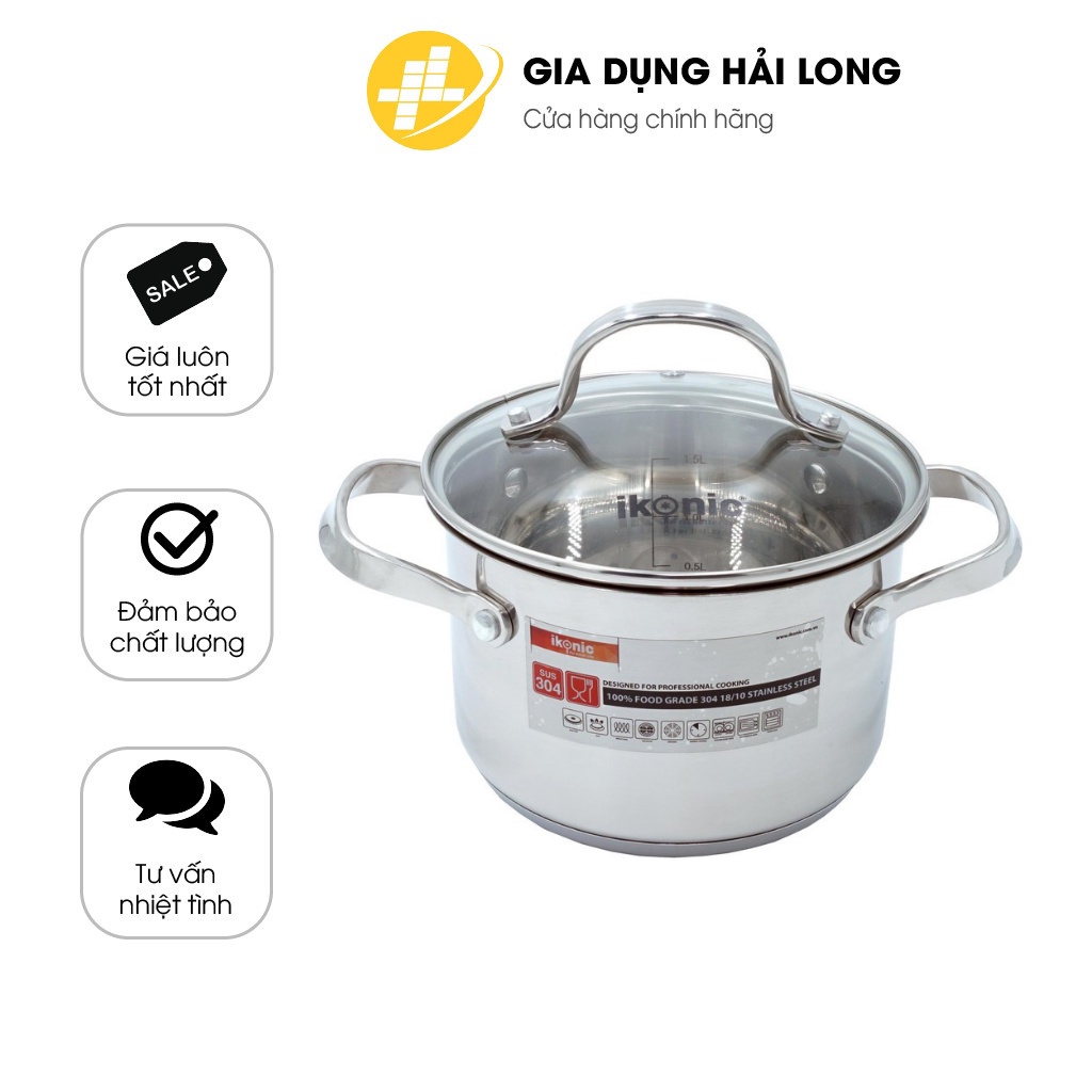 Nồi Inox có nắp kính IKONIC IK55 Siêu bền Inox 304 18/10 chống ăn mòan, đáy nồi 5 lớp dùng cho mọi loại bếp, quai đinh