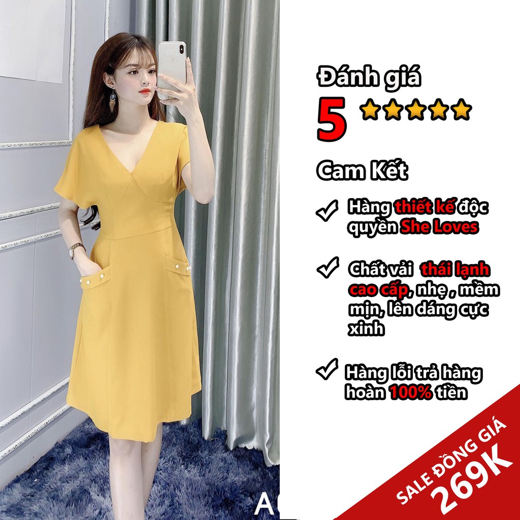 [Đồng giá 269k] Đầm Công Sở Dáng Suông Xẻ Ngực Có Túi - She Loves A027 Màu Vàng