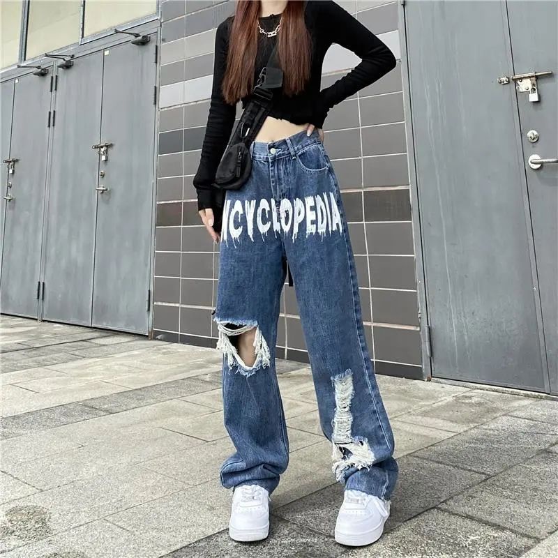 Quần Jean Dài Lưng Cao Ống Rộng Rách Gối In Chữ Thời Trang Mùa Xuân Cho Nữ