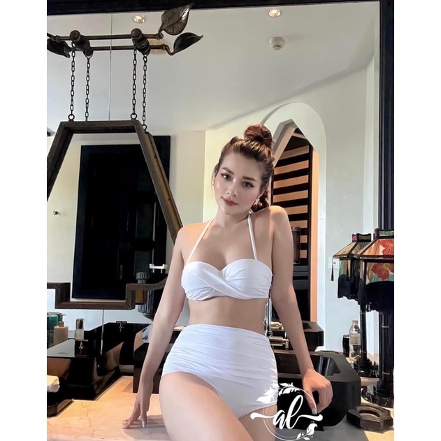 Bikini áo tắm 2mảnh gọng nâng quần lưng cao nhún bụng màu trắng ( có sẵn)