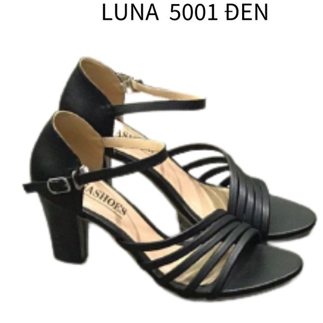 Giày sandal cao gót 7p mũi tròn đế vuông nữ Lunashoes  da si có quai ngang màu đen, kem bảo hành 1 năm