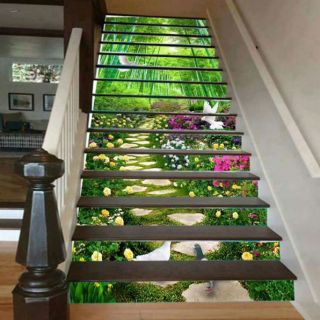 Tranh 3D dán cầu thang rừng trúc con đường 100x180cm