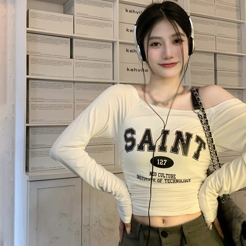 Áo Croptop Trễ Vai Dài Tay Ôm Dáng In Họa Tiết Thời Trang Hàn Quốc Cho Nữ