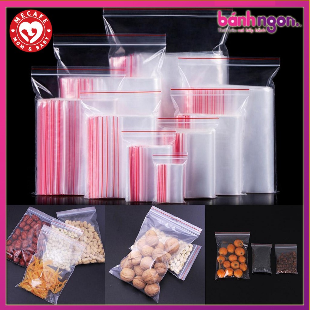 1kg Túi Zip Chỉ Đỏ Túi Zipper Viền Đỏ Bấm Miệng Trong Suốt Bịch Zip Nhiều Kích Thước Ziplock