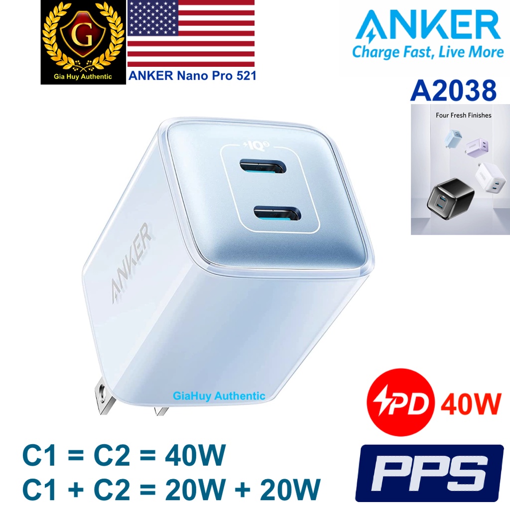 Củ sạc nhanh ANKER 521 Nano Pro Dual USB-C 40W PD/PPS - A2038