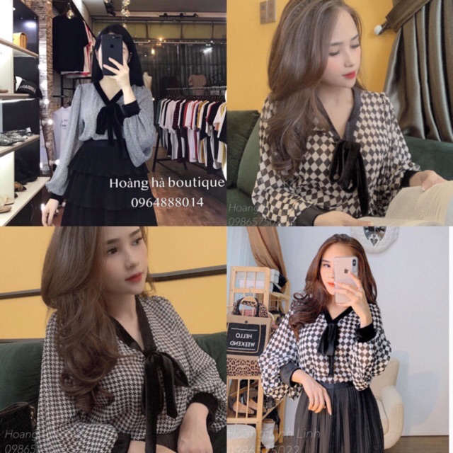 Áo sơ mi voan kẻ buộc nơ Nhung (ảnh thật,video)