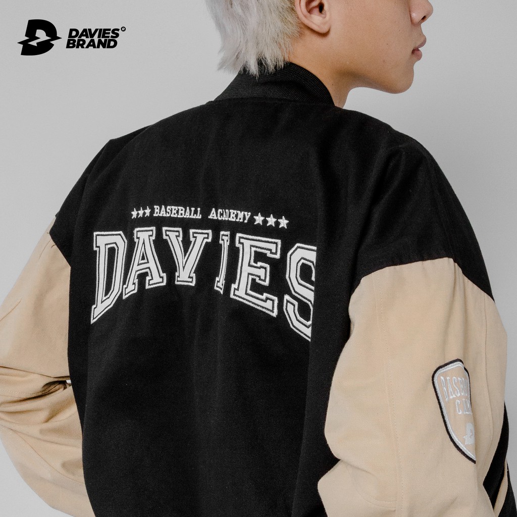 Áo khoác bomber bóng chày thêu chữ Davies - Beige Varsity Baseball Academy Bomber