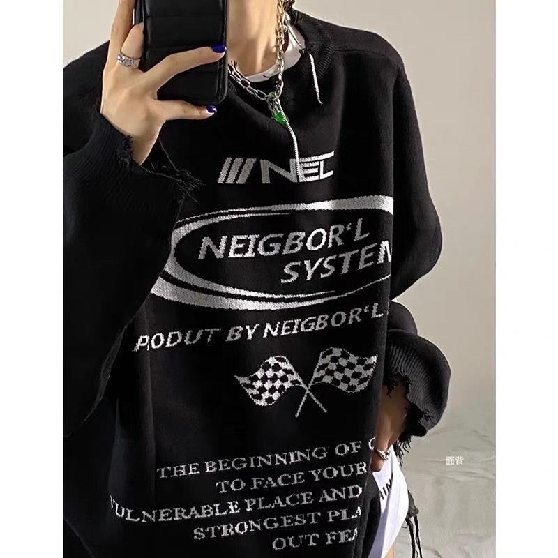 ✿♠Áo Sweater dệt kim dáng rộng in chữ kiểu Retro đường phố cá tính cho nam và nữ | BigBuy360 - bigbuy360.vn