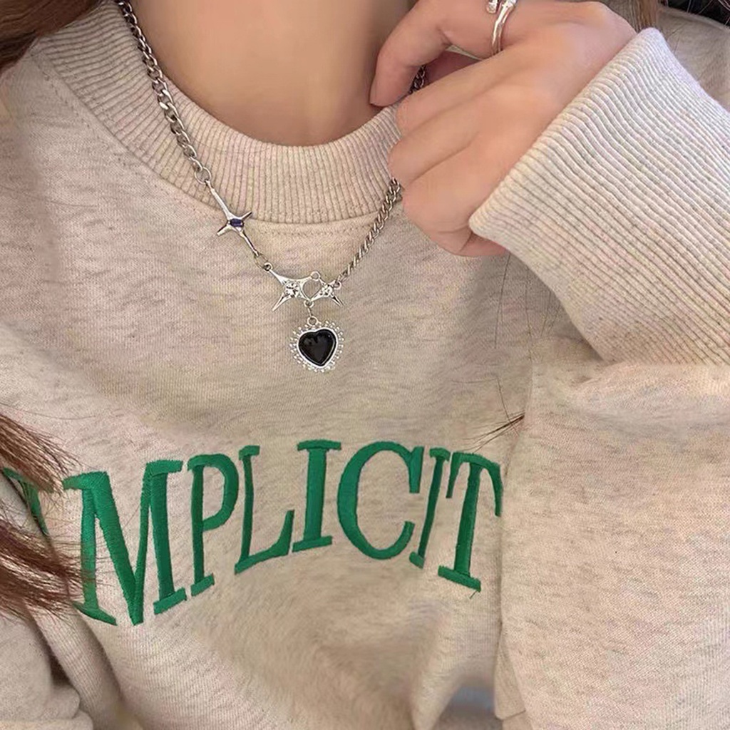 Vòng Cổ Choker Hình Ngôi Sao/Trái Tim Màu Đen Lấp Lánh Phong Cách Hàn Quốc