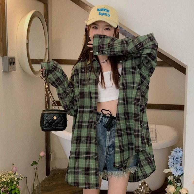 (Hàng Có Sẵn) Áo Khoác Sơ Mi Dáng Rộng Tay Dài Kẻ Sọc Caro Xanh Lá Phong Cách Retro Mùa Hè Dành Cho Bạn Nữ