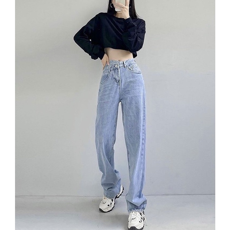 QUẦN JEANS ỐNG RỘNG NỮ LƯNG CAO CẠP CHÉO LƯNG LAI CUỐN FORM DÀI RỘNG MÀU XANH NHẠT CAO CẤP NITIQC MÀU XANH NHẠT XÁM