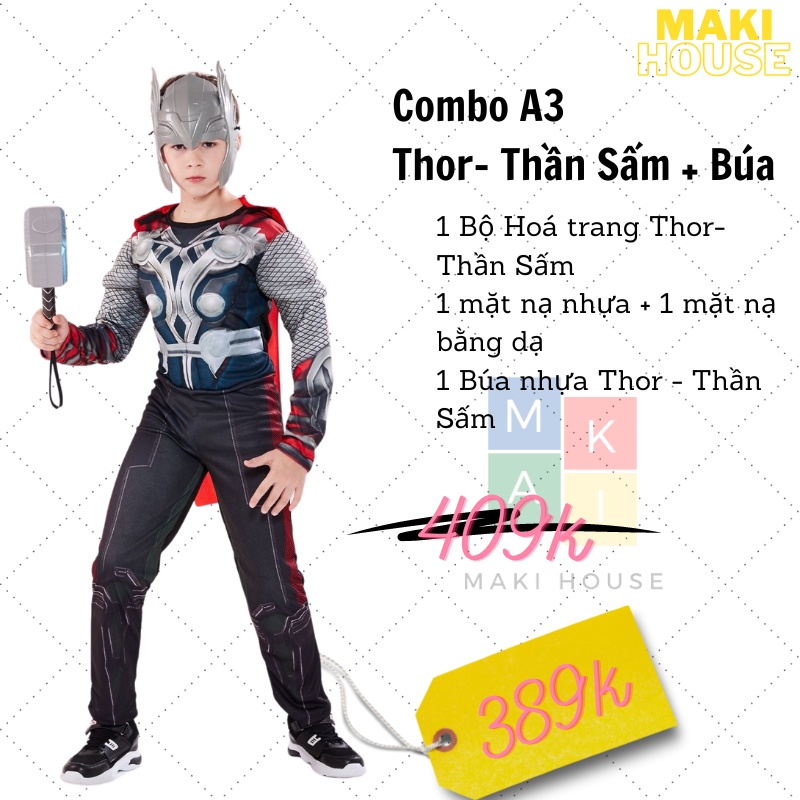Quần áo người nhện trẻ em siêu nhân halloween hoá trang Maki combo đầy đủ phụ kiện