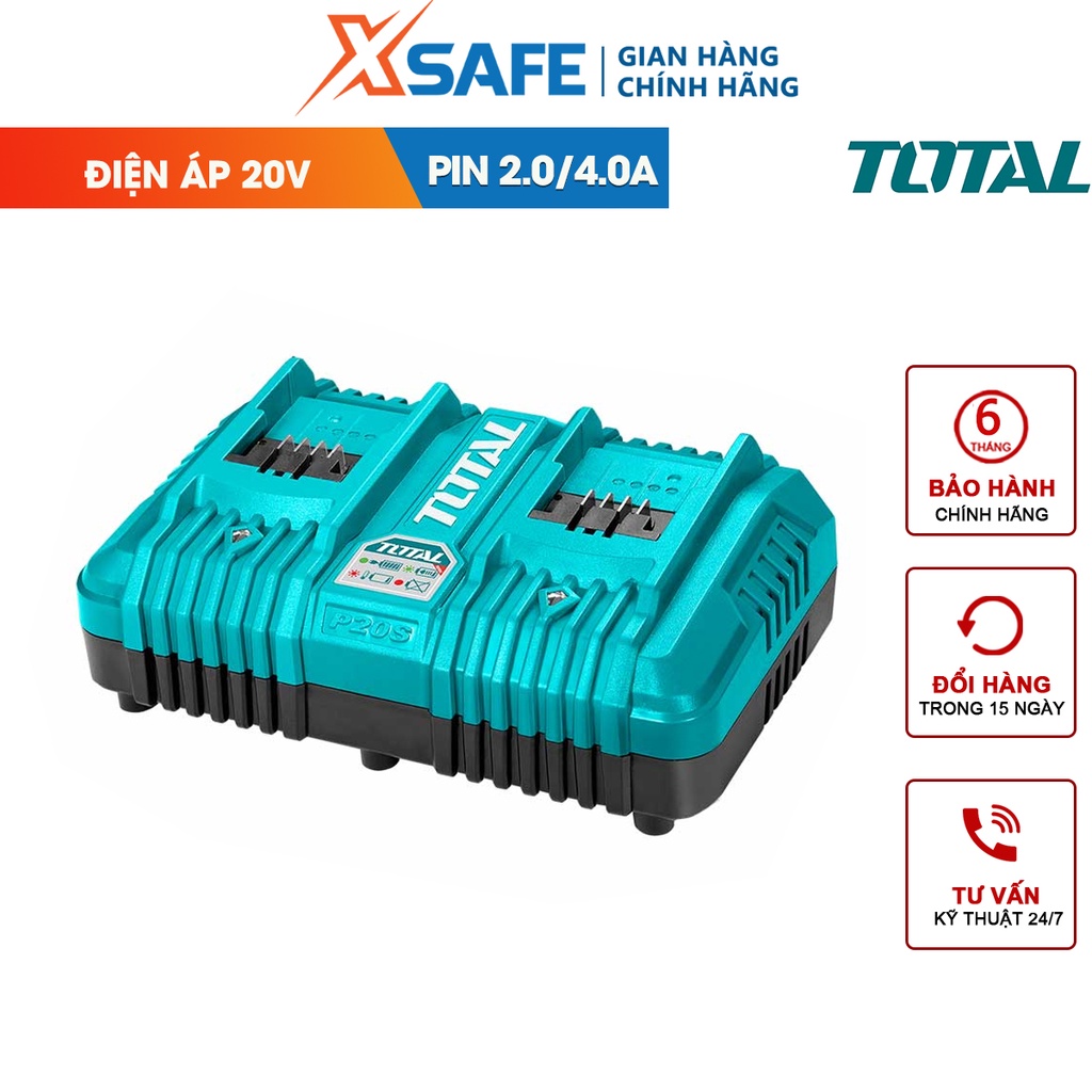 Bộ sạc pin đôi siêu nhanh TOTAL TCLI2034 điện áp đầu ra 20V, dòng điện sạc 4Ah, sạc pin 2Ah trong 30ph, pin 4Ah trong 1h